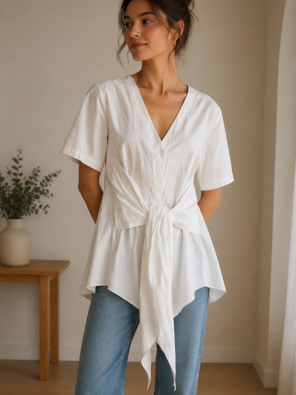 Rebecca Taylor White Tie-Front Button Down Blouse 100% Cotton Size: S